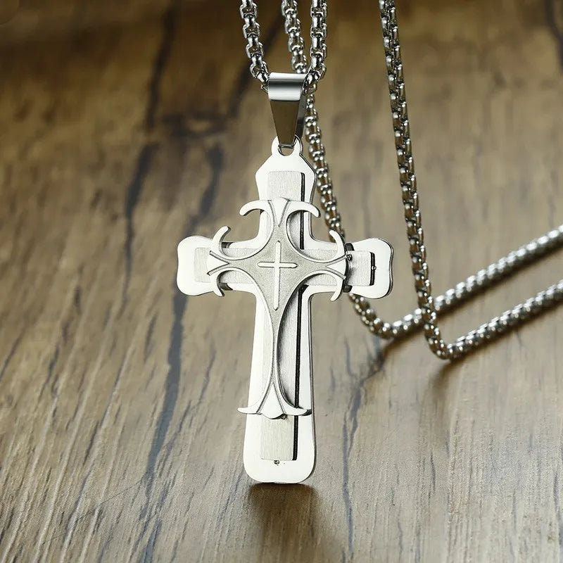 Men's Stainless Steel Cross Pendant Necklace 24" Chain Religion Jewelry  (GoldenCity)