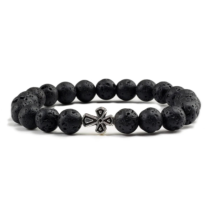 New Natural Stone Lava Beaded Bracelet for Men Women Alloy Christian Jesus Cross Bracelets Bangles Yoga Prayer Fashion Jewelry  (GoldenCity)