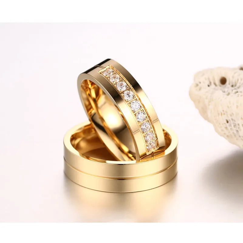 Trendy Wedding Bands Rings for Women / Men Love Gift Gold-color Stainless Steel CZ Promise Couple Jewelry  (GoldenCity)