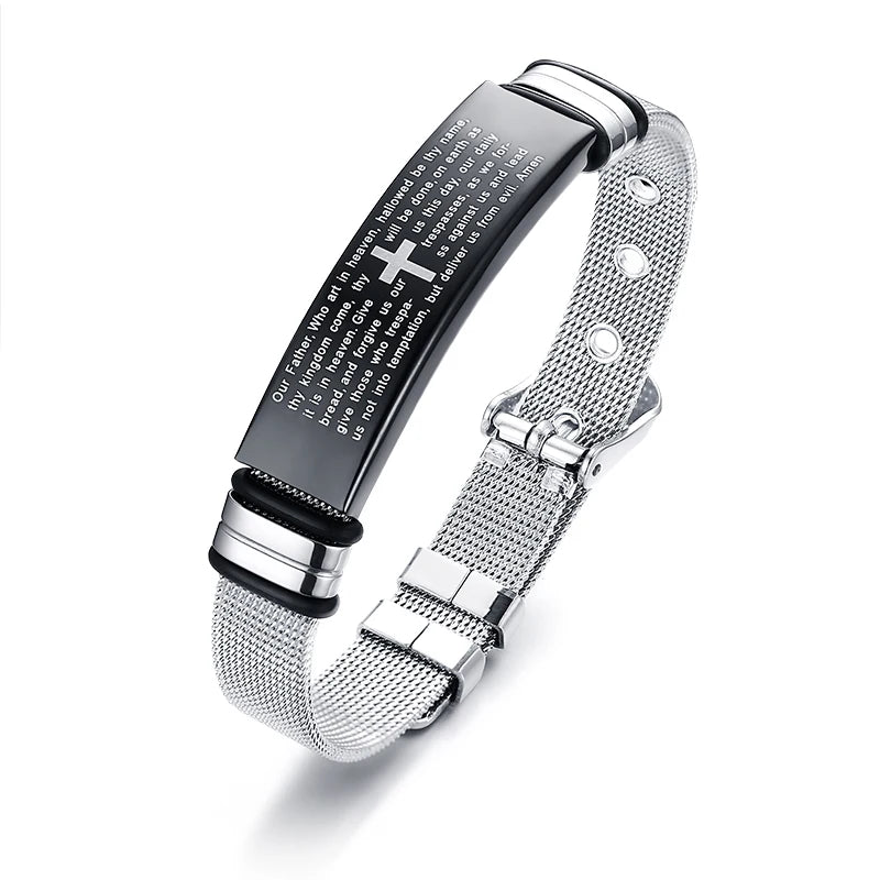 Laser Christian Lord's Prayer Cross Bracelet Men Russian Spanish Hebrew Personalized Gift  (GoldenCity)