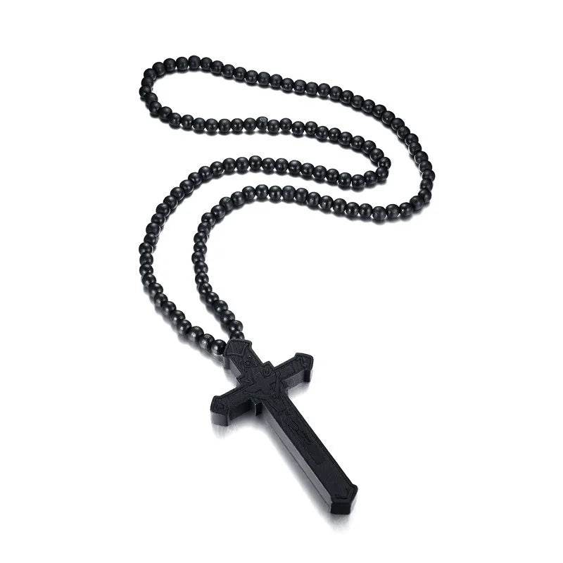 36" Long Rosary Necklace Large Wood Jesus Christ Cross Pendant With Wooden Beads Sweater Chain Male Collier Statement Jewel  (GoldenCity)