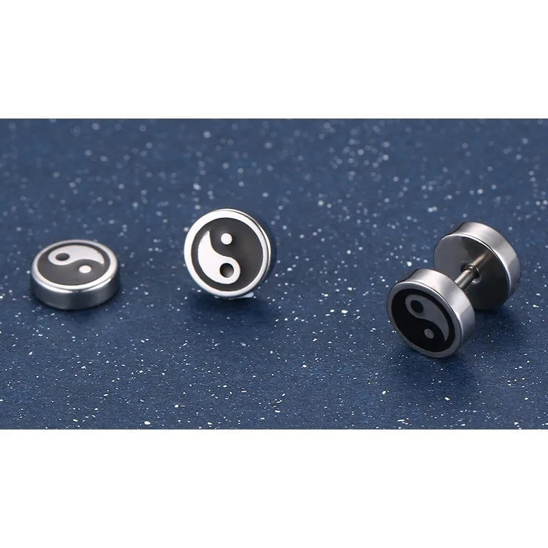 Chinese Yin and Yang Stud Earrings for Men Jewelry Stainless Steel Round Tai Chi brinco masculino  (GoldenCity)