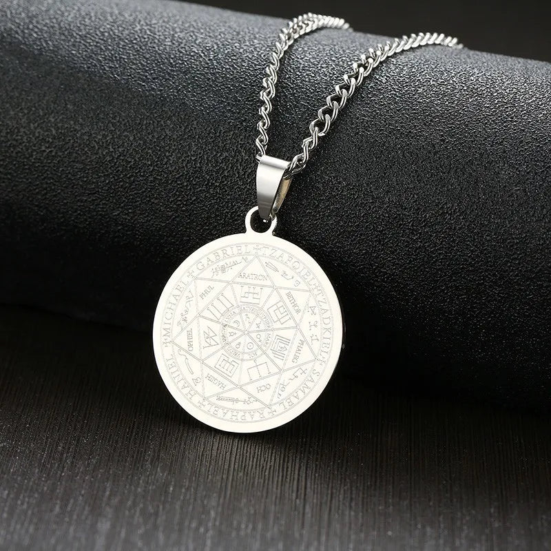 Mens The Seal of The Seven Archangels Necklace 3 Colors Stainless Steel Round Male Pendant Jewelry Free Chain 24"  (GoldenCity)