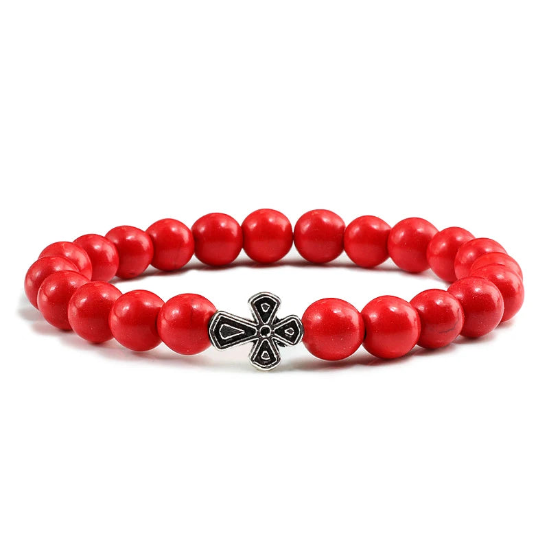 New Natural Stone Lava Beaded Bracelet for Men Women Alloy Christian Jesus Cross Bracelets Bangles Yoga Prayer Fashion Jewelry  (GoldenCity)