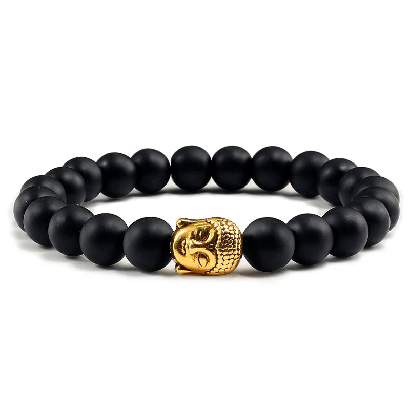 Healing  Buddha Head Prayer Volcanic Lava Natural Stone Strand Bead Bracelet For Men Black Beaded Yoga Women armband Jewelry  (GoldenCity)