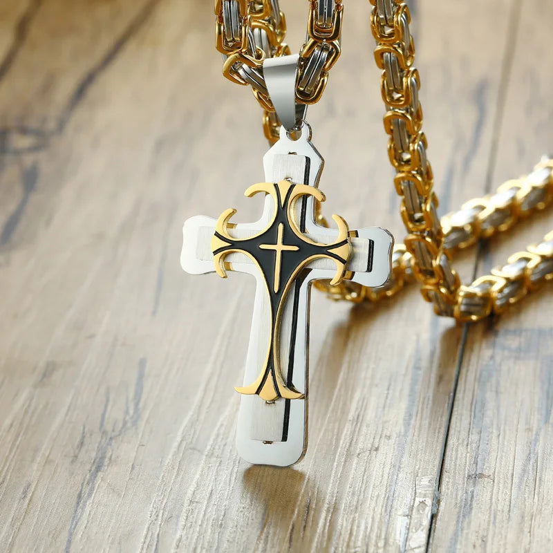 Cross Necklace For Men Byzantine Gold Color Stainless Steel Chain Catholic Crucifix Pendant Male Punk Rock Ornaments  (GoldenCity)