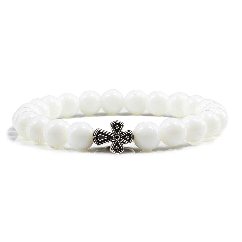 New Natural Stone Lava Beaded Bracelet for Men Women Alloy Christian Jesus Cross Bracelets Bangles Yoga Prayer Fashion Jewelry  (GoldenCity)