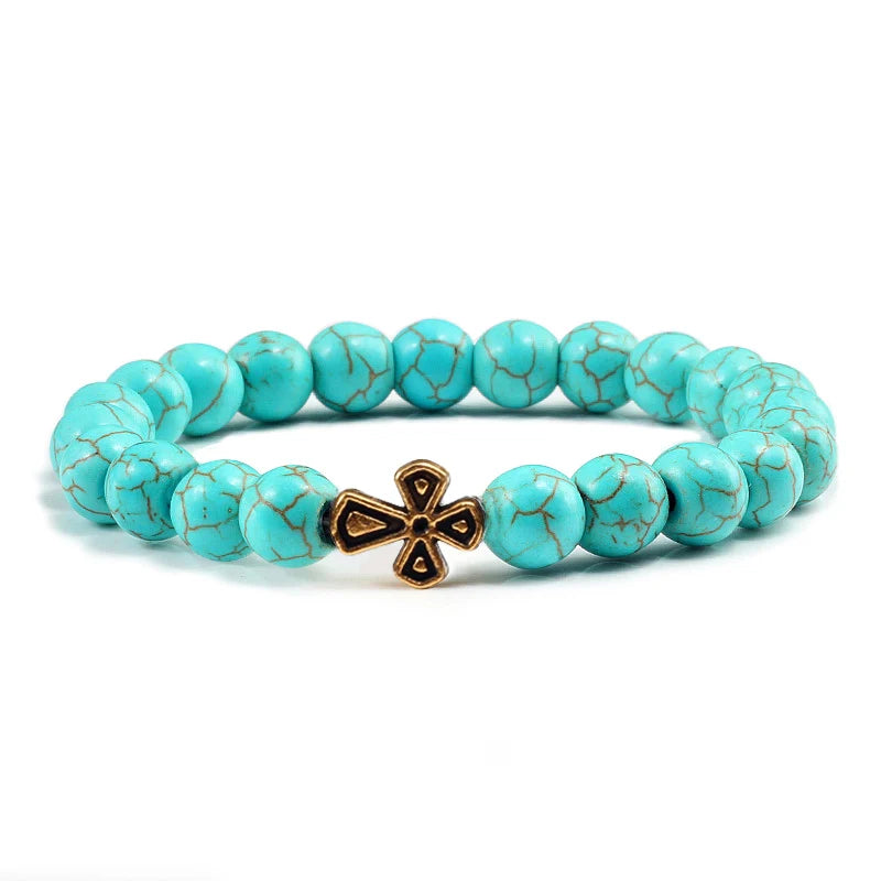 New Natural Stone Lava Beaded Bracelet for Men Women Alloy Christian Jesus Cross Bracelets Bangles Yoga Prayer Fashion Jewelry  (GoldenCity)