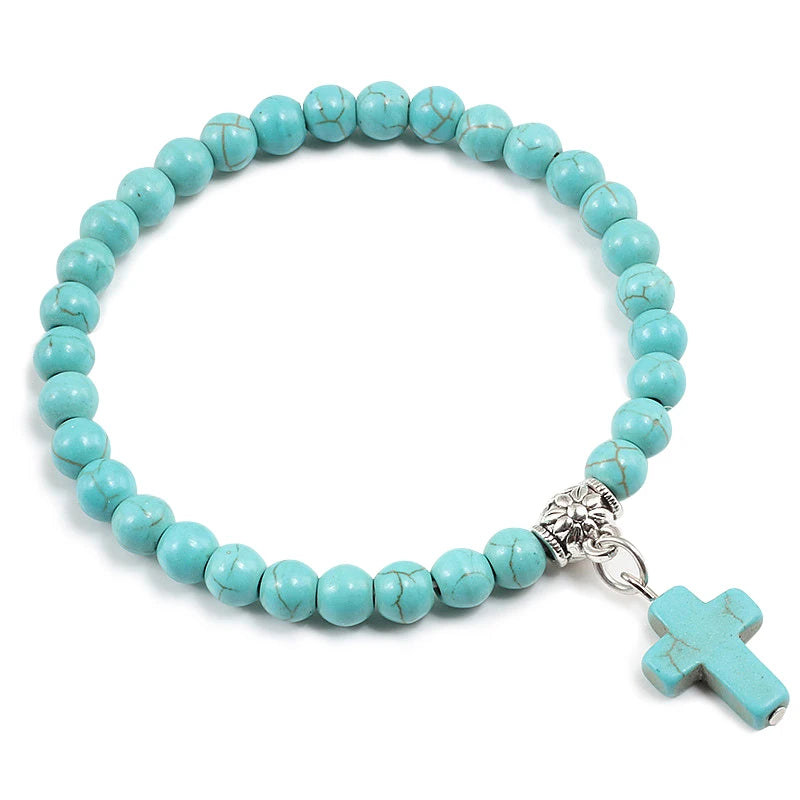 Prayer Bracelet 6MM Onyx Natural Stone Beads Religion Jesus Cross Pedant Bracelets Bangles for Men Women Yoga Friendship Jewelry  (GoldenCity)