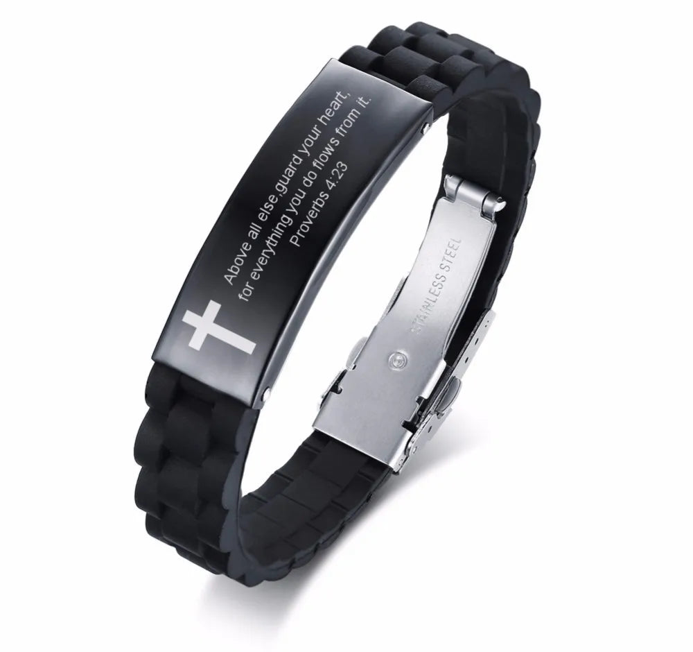 Religious Cross Jesus Scripture Quote Christian Bible Verse Inspiring Faith Silicone Bracelets for Men Personalize Gift  (GoldenCity)