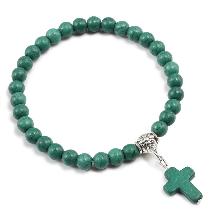 Prayer Bracelet 6MM Onyx Natural Stone Beads Religion Jesus Cross Pedant Bracelets Bangles for Men Women Yoga Friendship Jewelry  (GoldenCity)