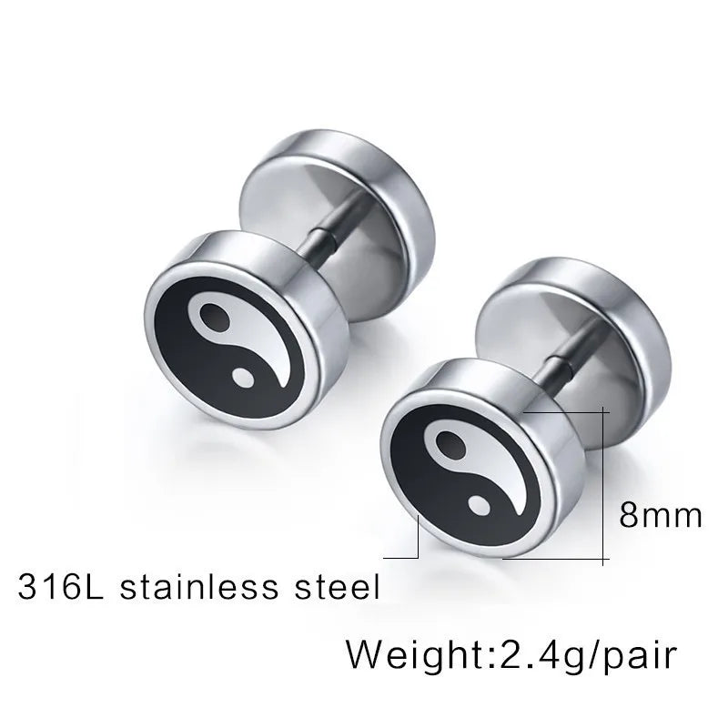 Chinese Yin and Yang Stud Earrings for Men Jewelry Stainless Steel Round Tai Chi brinco masculino  (GoldenCity)