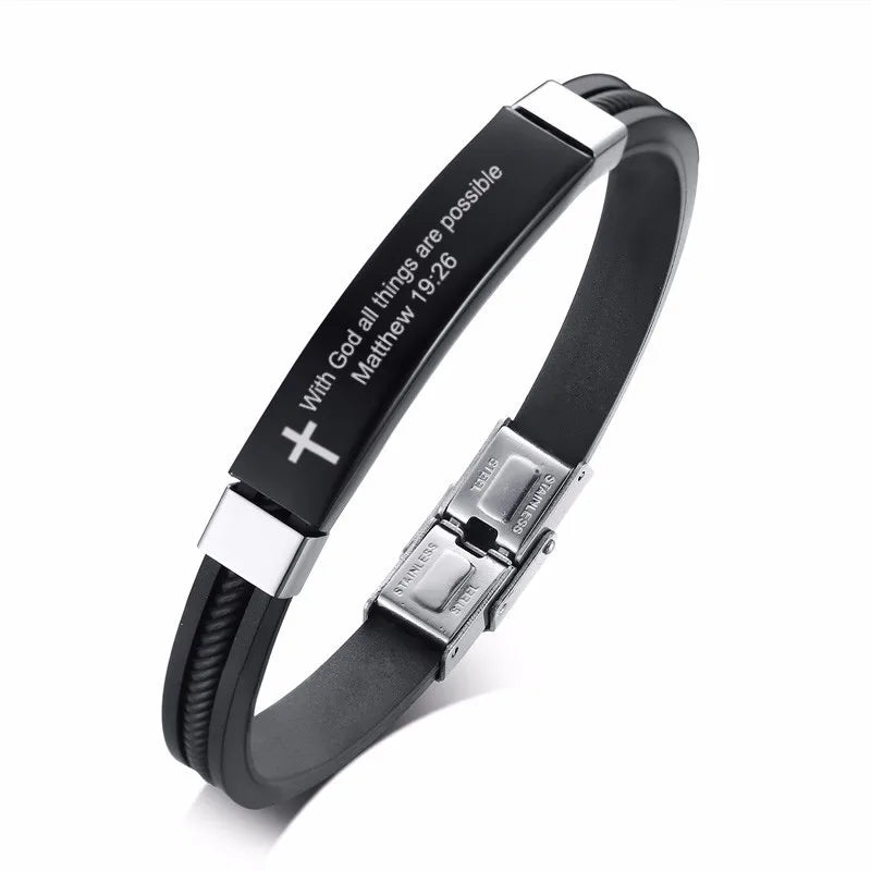 Cross Bible Verse Quotes Bracelets for Men Soft Silicone Bangle Comfort Wear Male Jesus Christ Faith Prayer Pulseira  (GoldenCity)