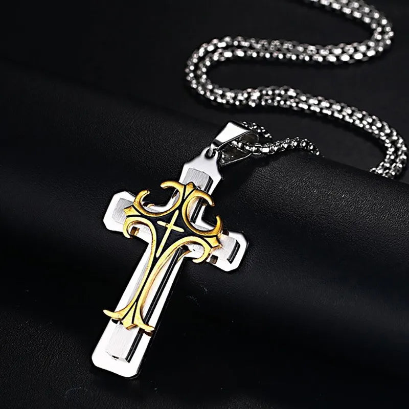 Men's Stainless Steel Cross Pendant Necklace 24" Chain Religion Jewelry  (GoldenCity)