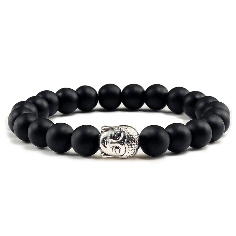 Healing  Buddha Head Prayer Volcanic Lava Natural Stone Strand Bead Bracelet For Men Black Beaded Yoga Women armband Jewelry  (GoldenCity)