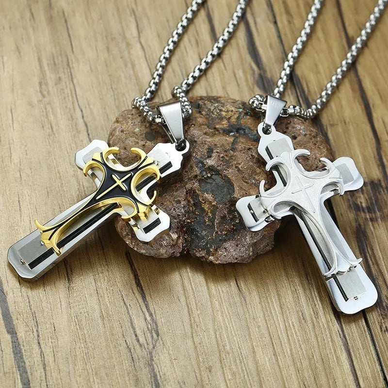Men's Stainless Steel Cross Pendant Necklace 24" Chain Religion Jewelry  (GoldenCity)