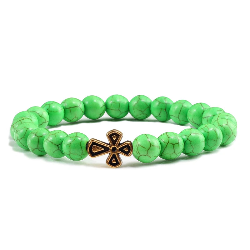 New Natural Stone Lava Beaded Bracelet for Men Women Alloy Christian Jesus Cross Bracelets Bangles Yoga Prayer Fashion Jewelry  (GoldenCity)