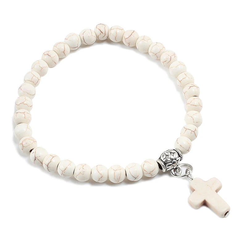 Prayer Bracelet 6MM Onyx Natural Stone Beads Religion Jesus Cross Pedant Bracelets Bangles for Men Women Yoga Friendship Jewelry  (GoldenCity)