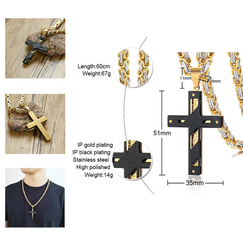 Cross Necklace For Men Byzantine Gold Color Stainless Steel Chain Catholic Crucifix Pendant Male Punk Rock Ornaments  (GoldenCity)