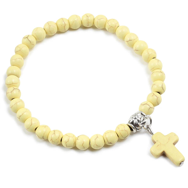 Prayer Bracelet 6MM Onyx Natural Stone Beads Religion Jesus Cross Pedant Bracelets Bangles for Men Women Yoga Friendship Jewelry  (GoldenCity)
