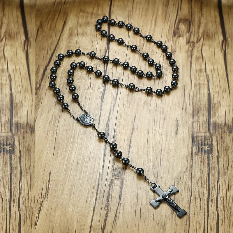 Mens Chain Bead Rosary Cross Necklace Stainless Steel Black Jesus Christ Charm Male Jewelry  (GoldenCity)