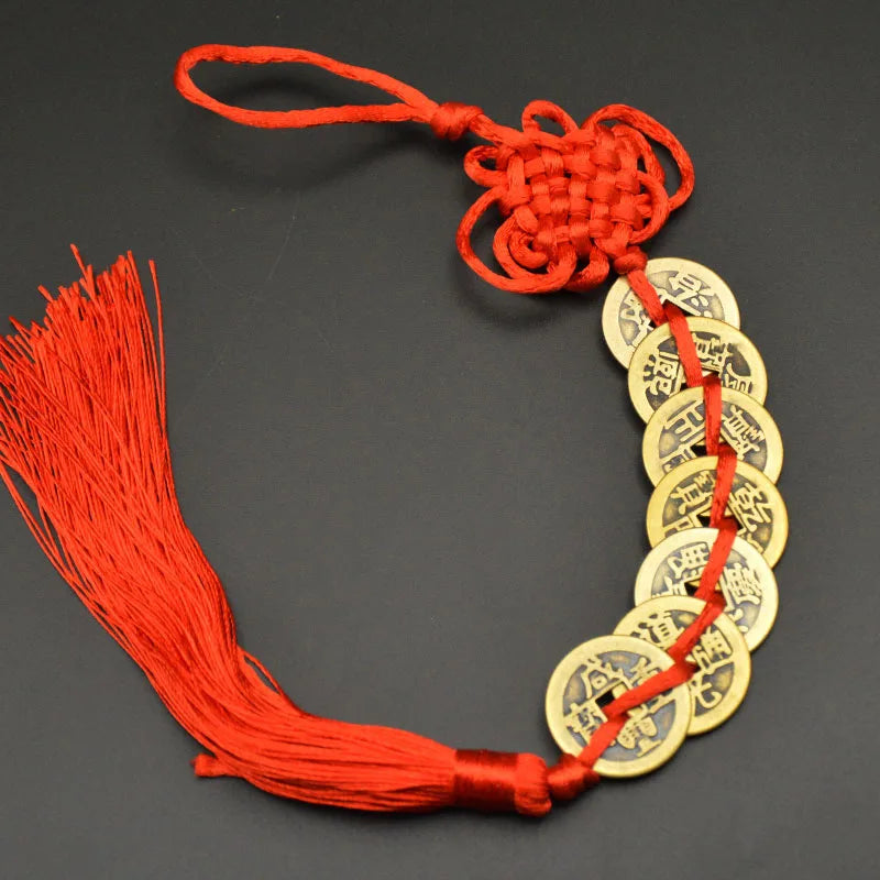 Red Yellow Chinese Knot Feng Shui Money Wealth Success Copper Ancien Coins Lucky Charm Home Decoration Ten emperors Antique Fortune  (GoldenCity)