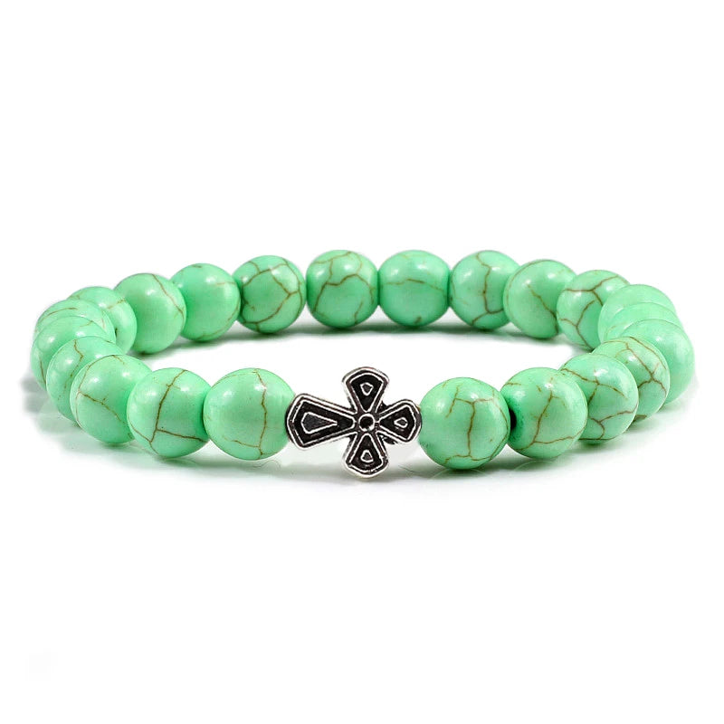 New Natural Stone Lava Beaded Bracelet for Men Women Alloy Christian Jesus Cross Bracelets Bangles Yoga Prayer Fashion Jewelry  (GoldenCity)
