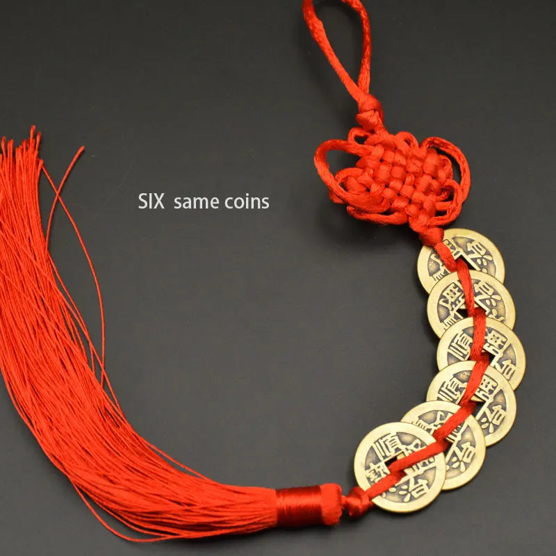 Red Yellow Chinese Knot Feng Shui Money Wealth Success Copper Ancien Coins Lucky Charm Home Decoration Ten emperors Antique Fortune  (GoldenCity)