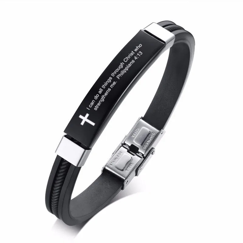 Cross Bible Verse Quotes Bracelets for Men Soft Silicone Bangle Comfort Wear Male Jesus Christ Faith Prayer Pulseira  (GoldenCity)