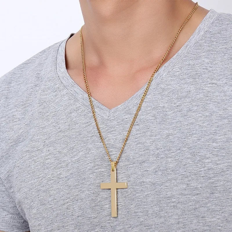 24" Men's Stainless Steel Cuban Chain Necklace Simple Cross Gold-Color/Black/Silver Color Pendant  (GoldenCity)