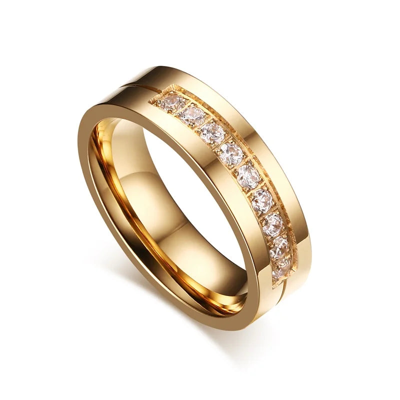 Trendy Wedding Bands Rings for Women / Men Love Gift Gold-color Stainless Steel CZ Promise Couple Jewelry  (GoldenCity)