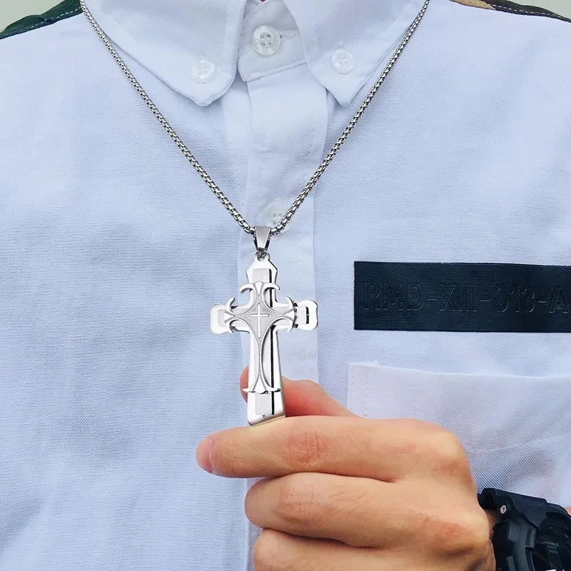 Men's Stainless Steel Cross Pendant Necklace 24" Chain Religion Jewelry  (GoldenCity)