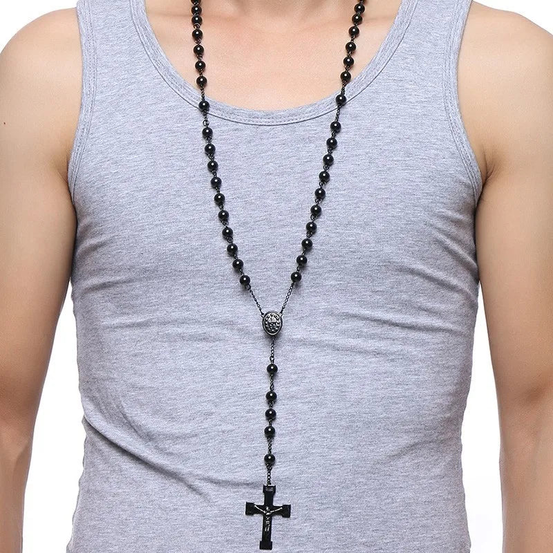 Mens Chain Bead Rosary Cross Necklace Stainless Steel Black Jesus Christ Charm Male Jewelry  (GoldenCity)