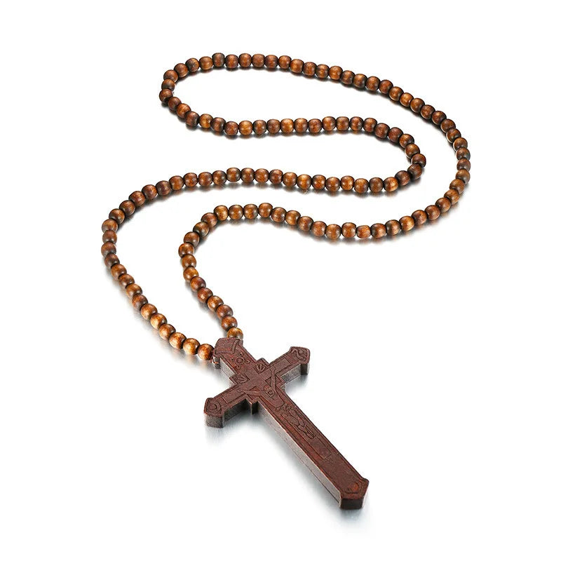 36" Long Rosary Necklace Large Wood Jesus Christ Cross Pendant With Wooden Beads Sweater Chain Male Collier Statement Jewel  (GoldenCity)
