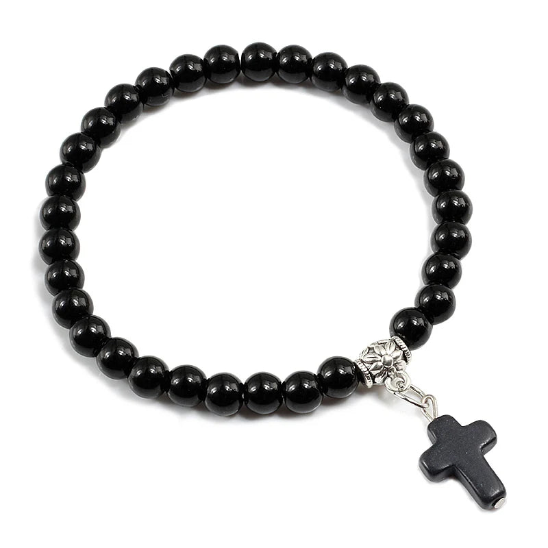 Prayer Bracelet 6MM Onyx Natural Stone Beads Religion Jesus Cross Pedant Bracelets Bangles for Men Women Yoga Friendship Jewelry  (GoldenCity)