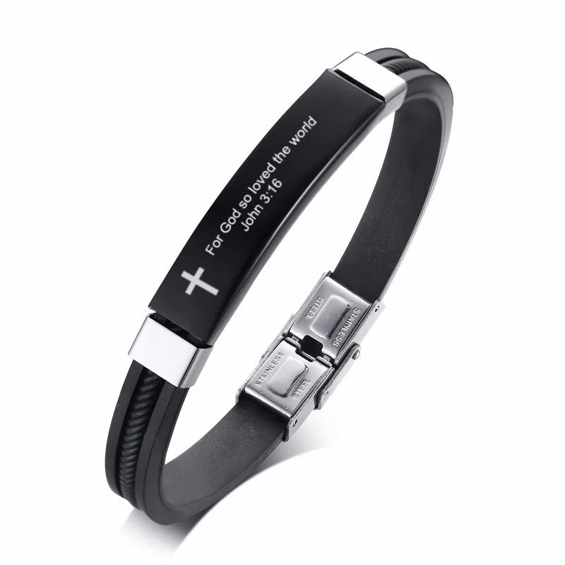 Cross Bible Verse Quotes Bracelets for Men Soft Silicone Bangle Comfort Wear Male Jesus Christ Faith Prayer Pulseira  (GoldenCity)