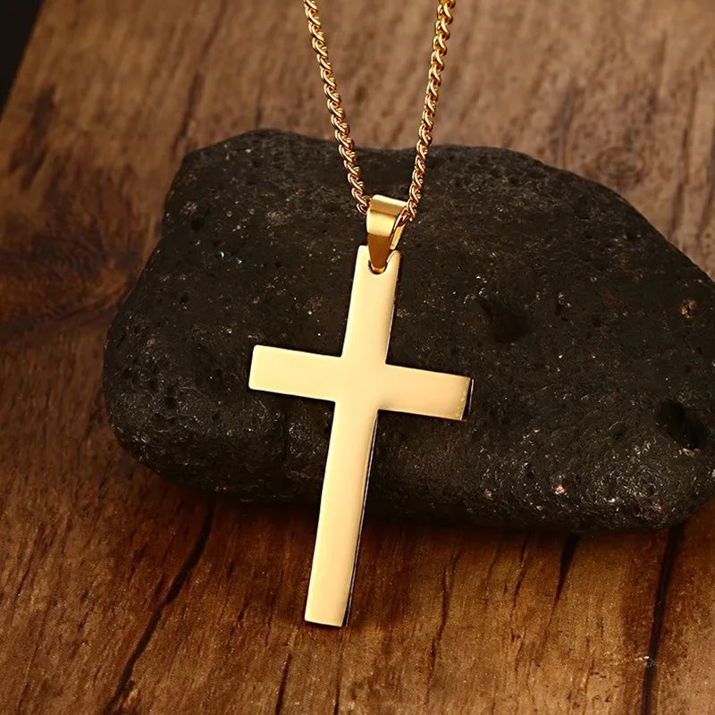 24" Men's Stainless Steel Cuban Chain Necklace Simple Cross Gold-Color/Black/Silver Color Pendant  (GoldenCity)
