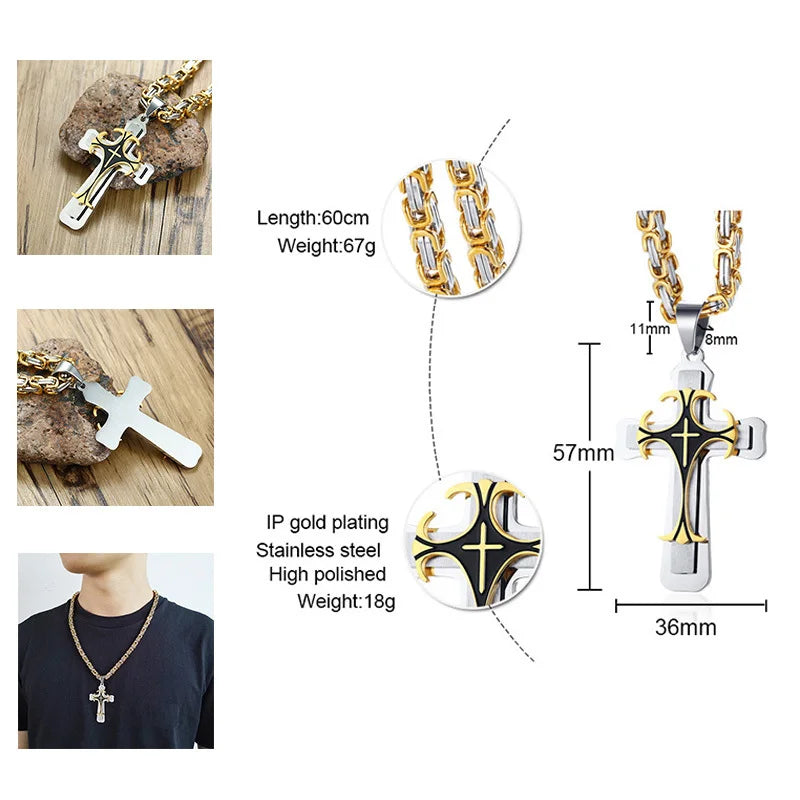 Cross Necklace For Men Byzantine Gold Color Stainless Steel Chain Catholic Crucifix Pendant Male Punk Rock Ornaments  (GoldenCity)