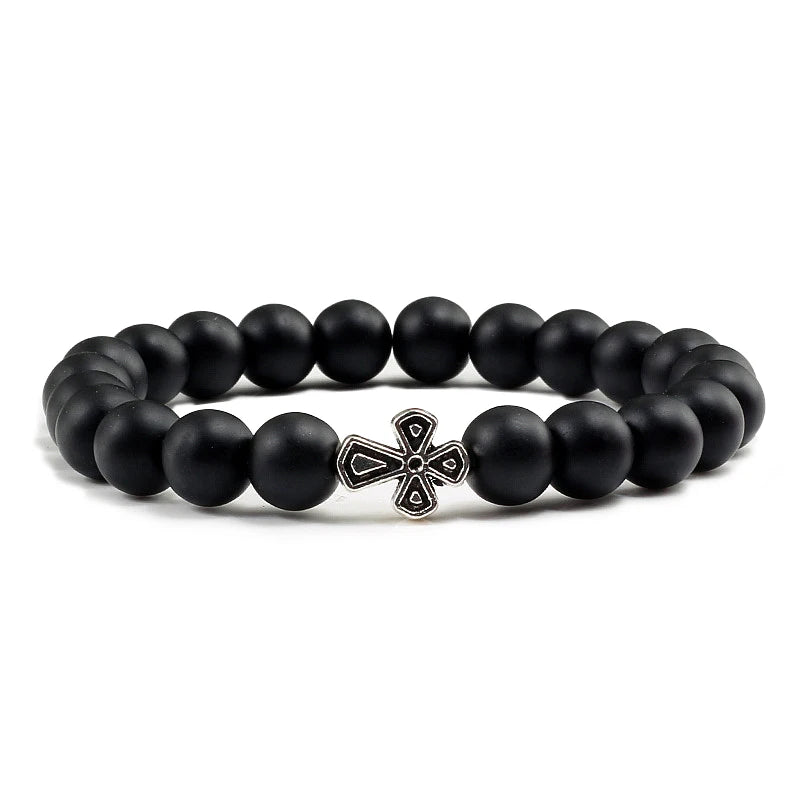 New Natural Stone Lava Beaded Bracelet for Men Women Alloy Christian Jesus Cross Bracelets Bangles Yoga Prayer Fashion Jewelry  (GoldenCity)