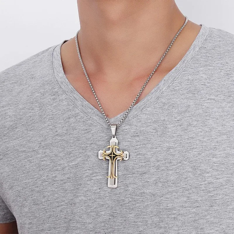 Men's Stainless Steel Cross Pendant Necklace 24" Chain Religion Jewelry  (GoldenCity)