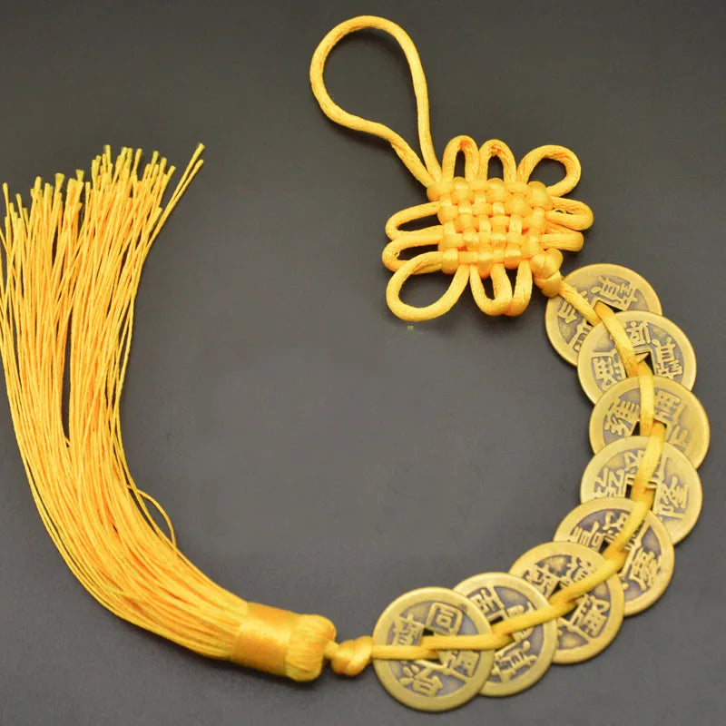 Red Yellow Chinese Knot Feng Shui Money Wealth Success Copper Ancien Coins Lucky Charm Home Decoration Ten emperors Antique Fortune  (GoldenCity)