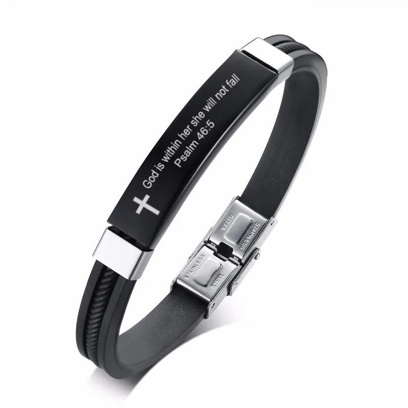 Cross Bible Verse Quotes Bracelets for Men Soft Silicone Bangle Comfort Wear Male Jesus Christ Faith Prayer Pulseira  (GoldenCity)