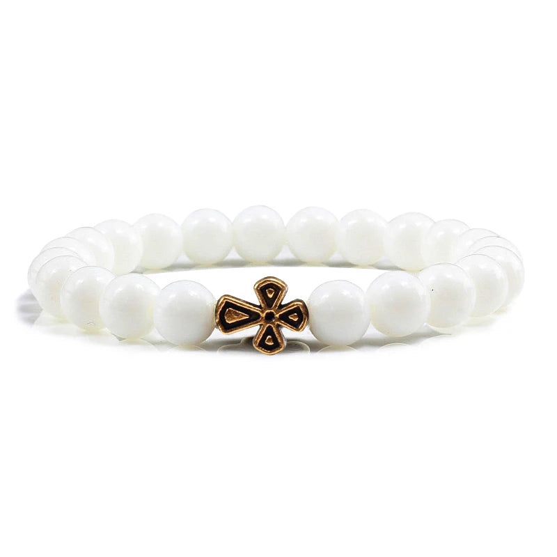 New Natural Stone Lava Beaded Bracelet for Men Women Alloy Christian Jesus Cross Bracelets Bangles Yoga Prayer Fashion Jewelry  (GoldenCity)
