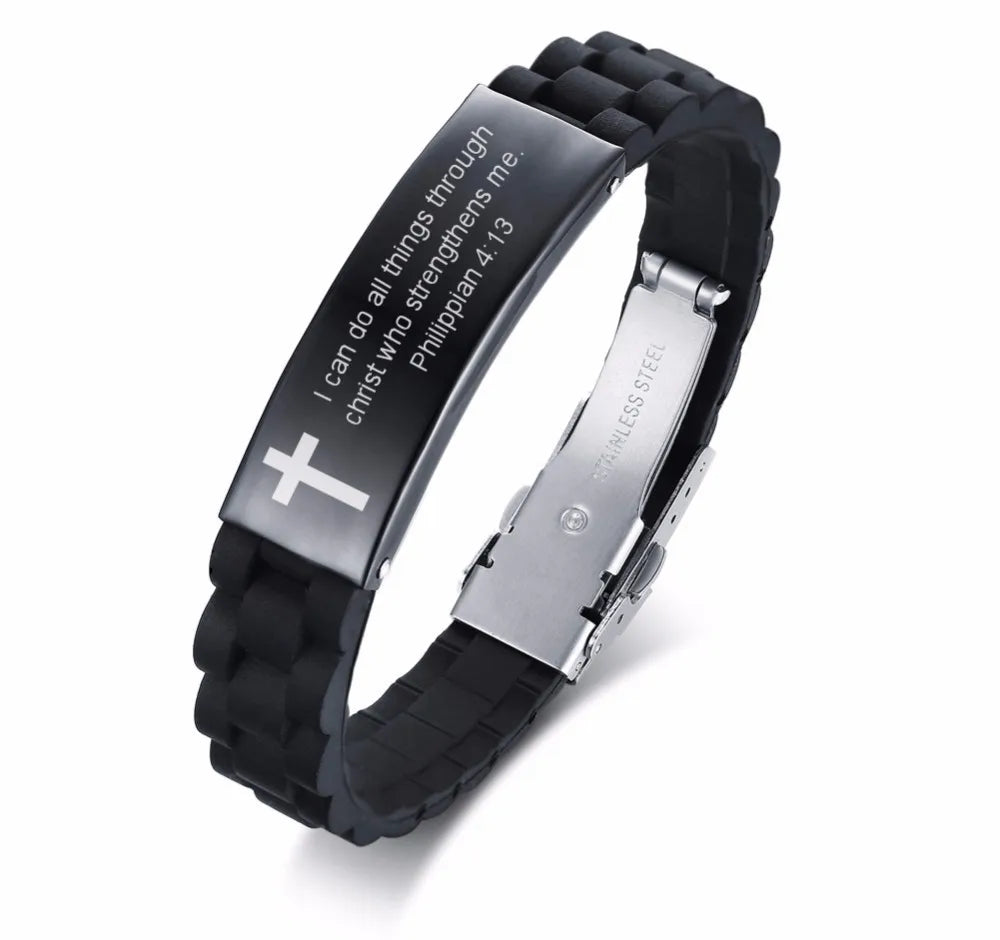 Religious Cross Jesus Scripture Quote Christian Bible Verse Inspiring Faith Silicone Bracelets for Men Personalize Gift  (GoldenCity)