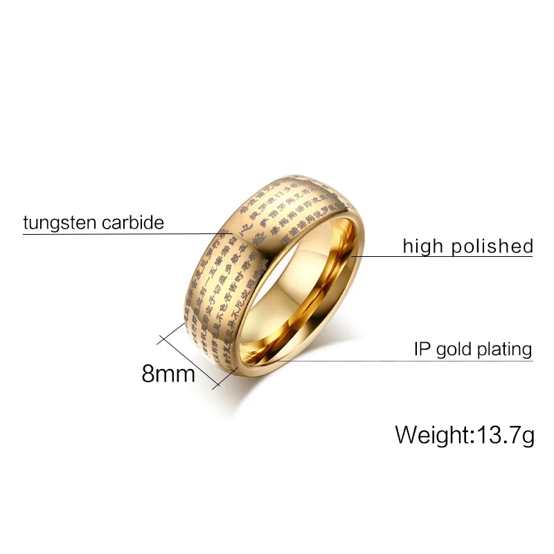 Engraved Chinese Buddhist Texts Tungsten Ring for Men Religions Lucky Jewelry Dropshipping  (GoldenCity)