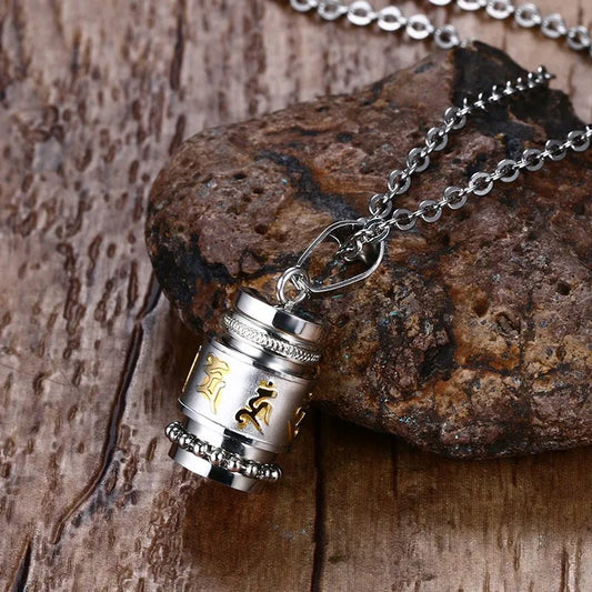 Cool Rotatable Mantra Necklaces & Pendants Stainless Steel Prayer Necklace Men Jewelry Free Chain 20"  (GoldenCity)