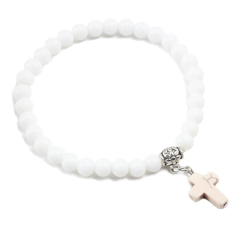 Prayer Bracelet 6MM Onyx Natural Stone Beads Religion Jesus Cross Pedant Bracelets Bangles for Men Women Yoga Friendship Jewelry  (GoldenCity)