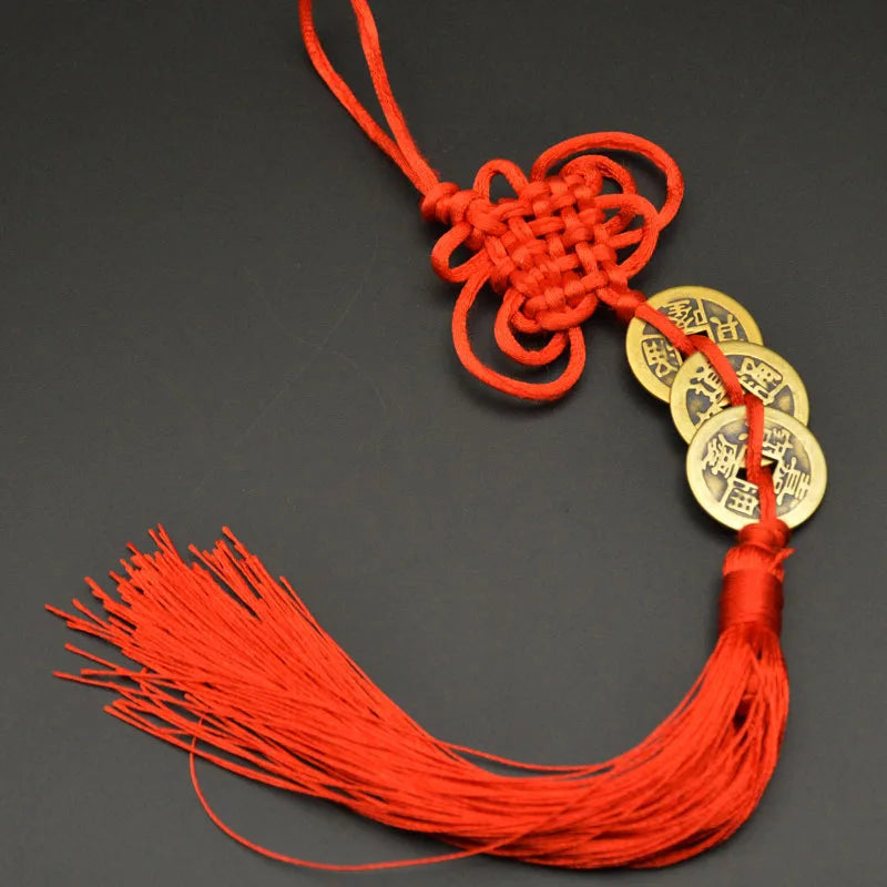 Red Yellow Chinese Knot Feng Shui Money Wealth Success Copper Ancien Coins Lucky Charm Home Decoration Ten emperors Antique Fortune  (GoldenCity)