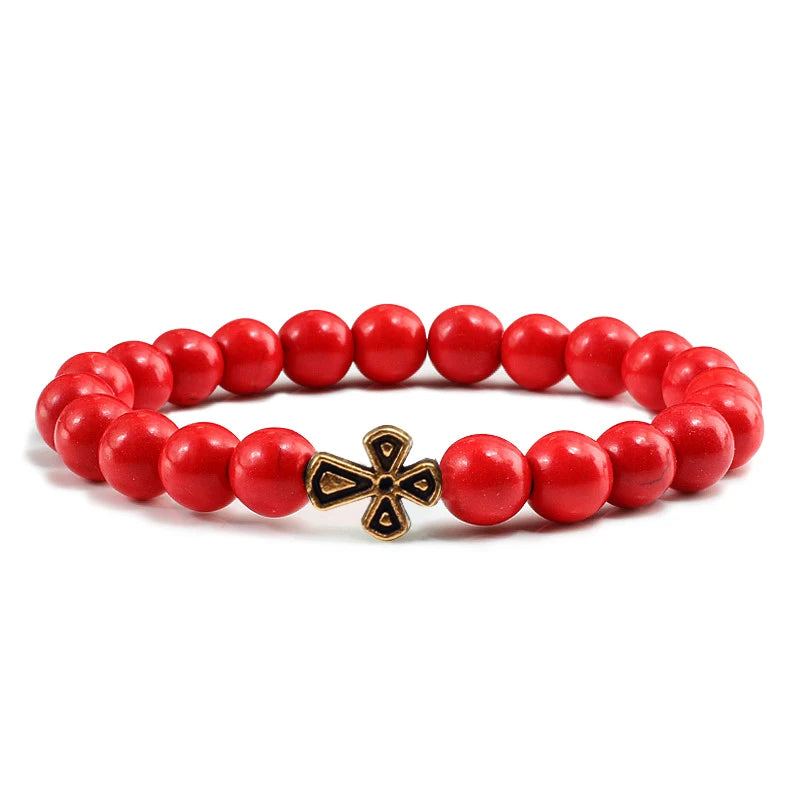 New Natural Stone Lava Beaded Bracelet for Men Women Alloy Christian Jesus Cross Bracelets Bangles Yoga Prayer Fashion Jewelry  (GoldenCity)