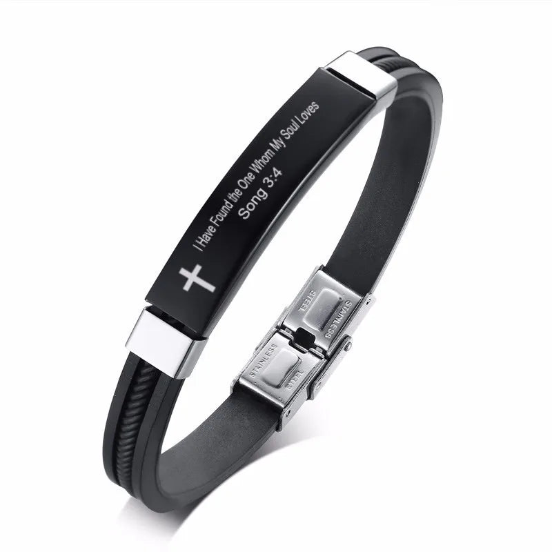 Cross Bible Verse Quotes Bracelets for Men Soft Silicone Bangle Comfort Wear Male Jesus Christ Faith Prayer Pulseira  (GoldenCity)